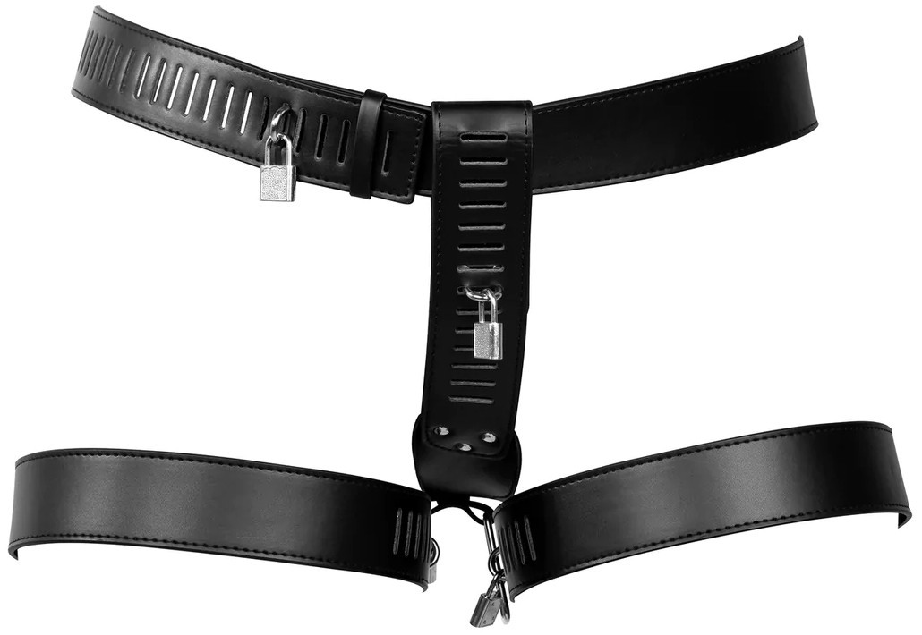 Ouch! PU Leather Female Chastity Belt with Leg Restraint