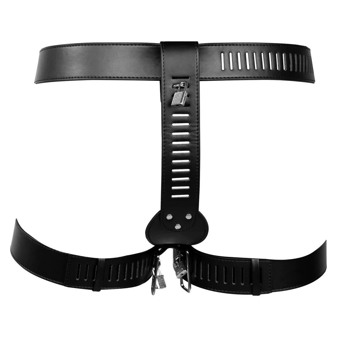 Ouch! PU Leather Female Chastity Belt with Leg Restraint