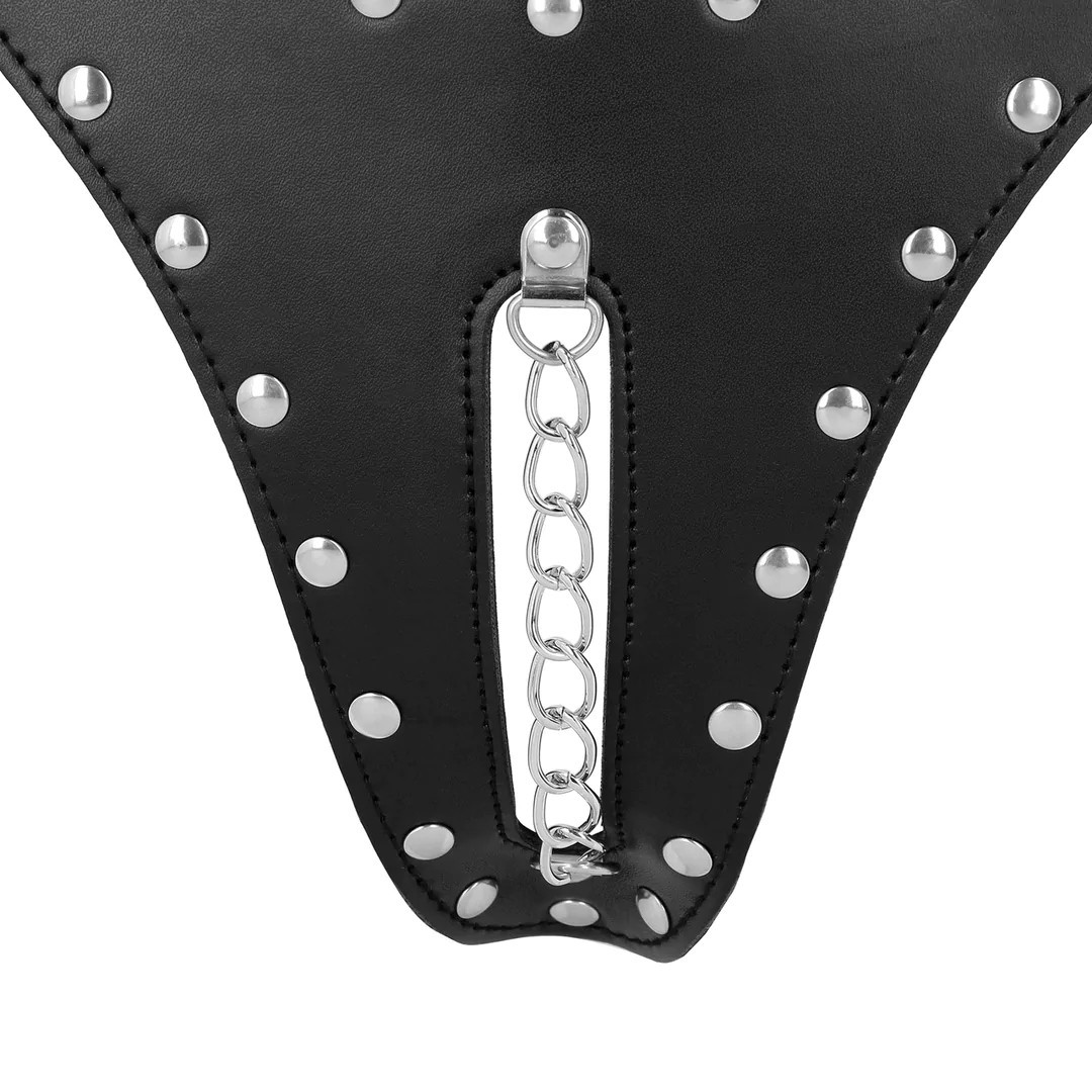 Ouch! PU Leather Chastity Thong with Chain Detail