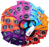 Súprava ochutených kondómov – Tasty pack (72 ks) + SE malinový lubrikačný gél 15 ml + silikónové putá Handcuffs