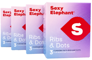 Súprava štyroch balení kondómov Sexy Elephant Ribs & Dots (12 ks)